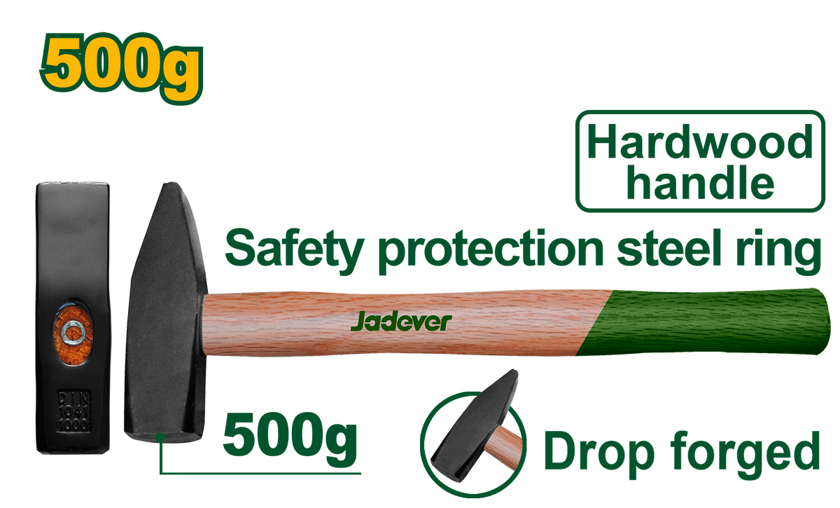 JADEVER Machinist Hammer 500g – Drop-Forged Steel Head with Hardwood Handle (JDMB1305)