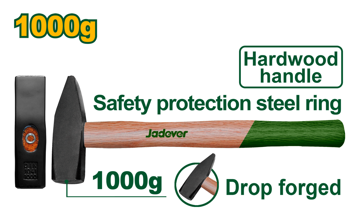JADEVER Machinist Hammer 1000g – Heavy Duty Drop-Forged Steel Head with Hardwood Handle (JDMB1310)