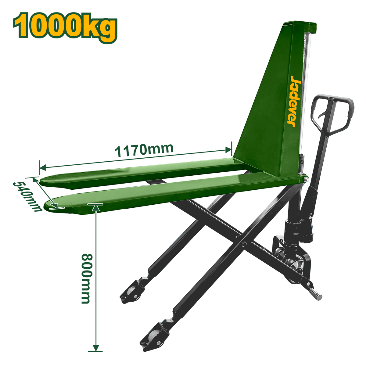 JADEVER Scissor Lift Pallet Truck – 1000kg Capacity, 85–800mm Fork Height, PU Wheels (JDNH5R10)