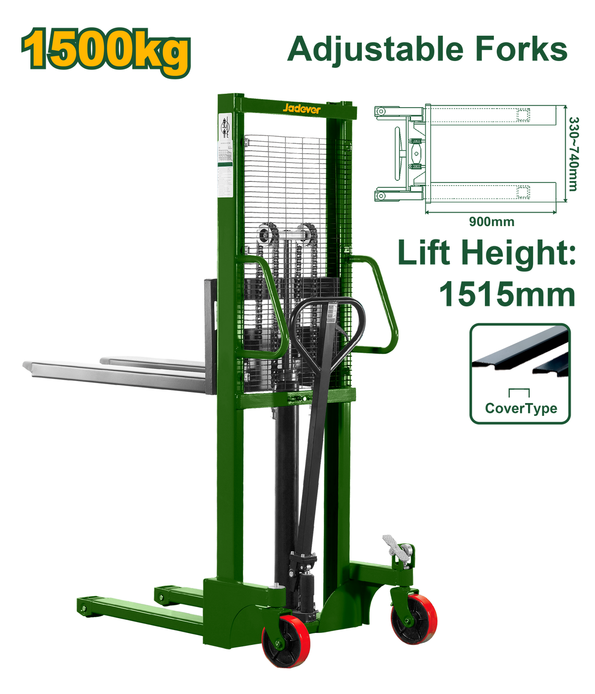 JADEVER Manual Stacker – 1500kg Capacity, 85–1600mm Fork Height, Adjustable Fork Width, PU Wheels (JDNK1R15)