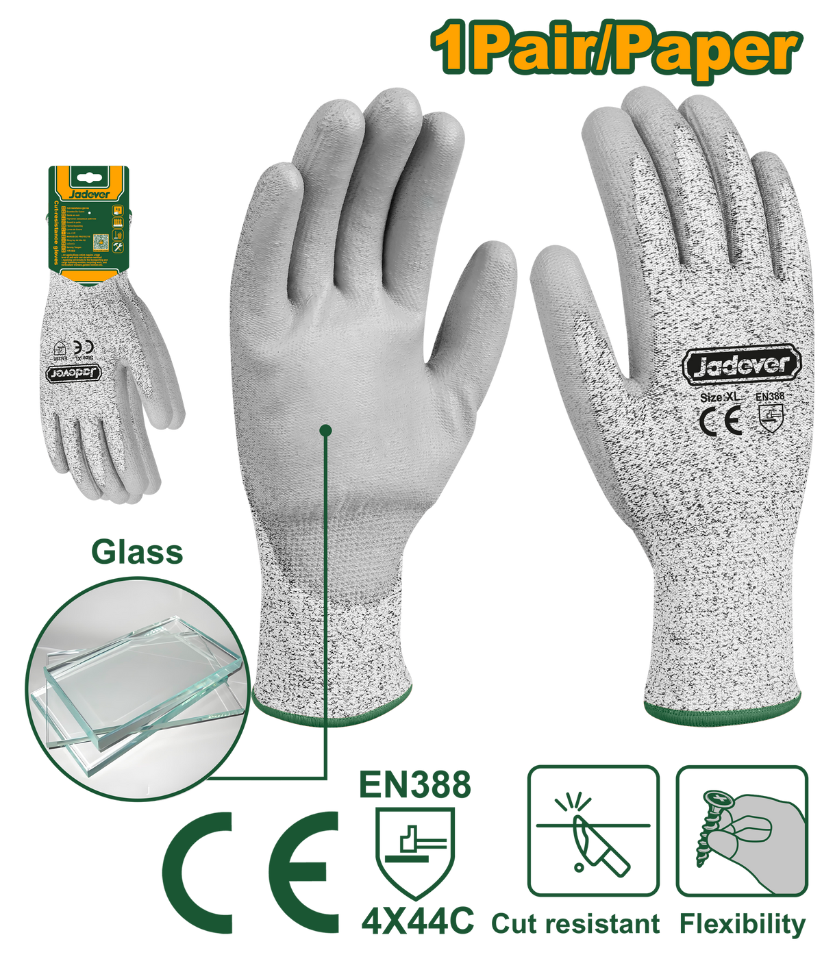 JADEVER Cut-Resistant Gloves XL – PU Coated Safety Work Gloves (JDPG1805)