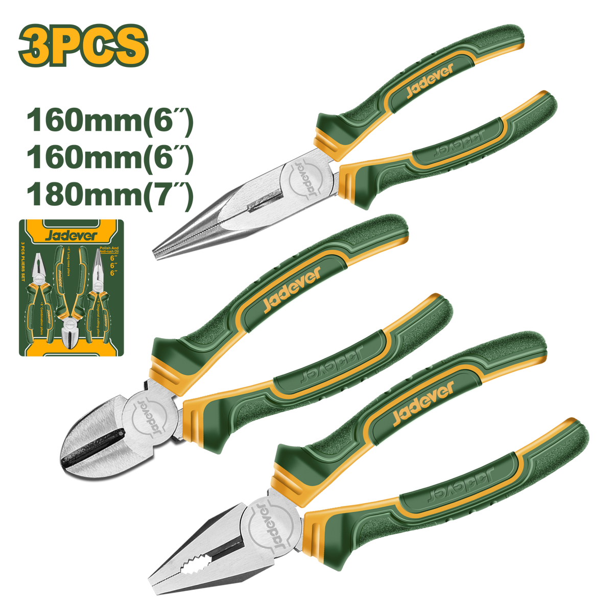 JADEVER 3 Pcs Pliers Set – Combination, Long Nose & Diagonal Cutting Pliers (JDPS0603)