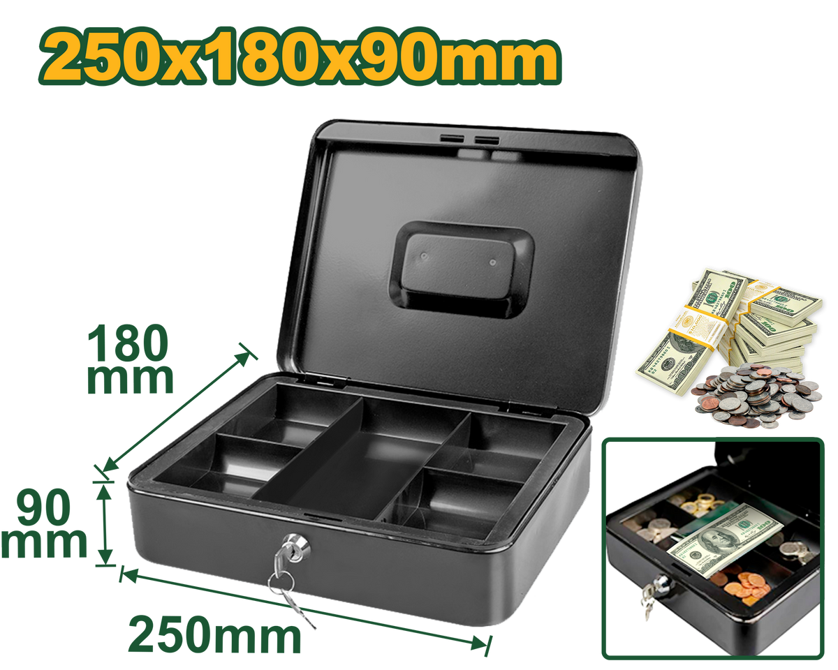 JADEVER Cash Box – 5-Compartment Tray, 25×18×9cm, 0.7mm Steel, 4.1L Capacity, Includes Keys (JDQQX2H04)