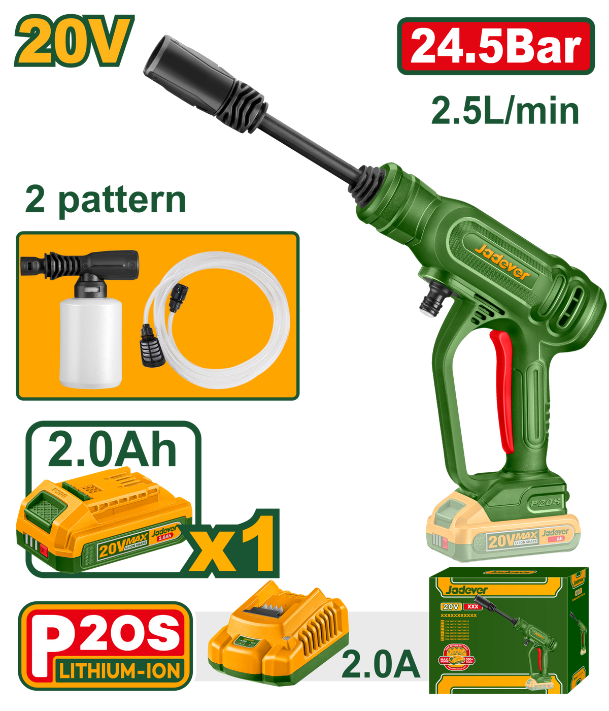 JADEVER Cordless Pressure Washer 20V - 24.5 Bar, Portable High Pressure Cleaner with Battery & Foam Bottle (JDQX01203)