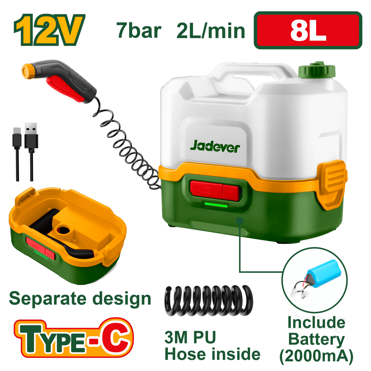 JADEVER Cordless Pressure Washer 12V – 8L Tank with USB-C Charging & Auto Stop (JDQX2512)