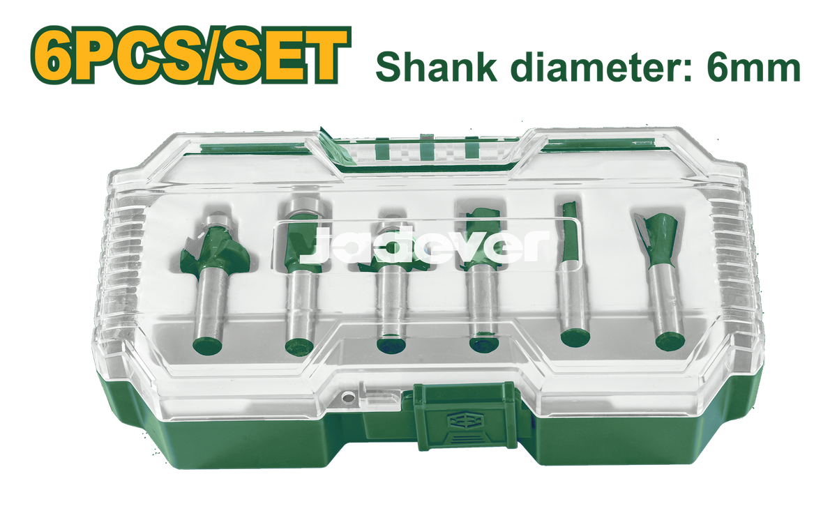 JADEVER 6 Pcs Router Bits Set – 6mm Shank with Core, Round, Straight, Flush Trim, and Dovetail Bits (JDRKSR0106)