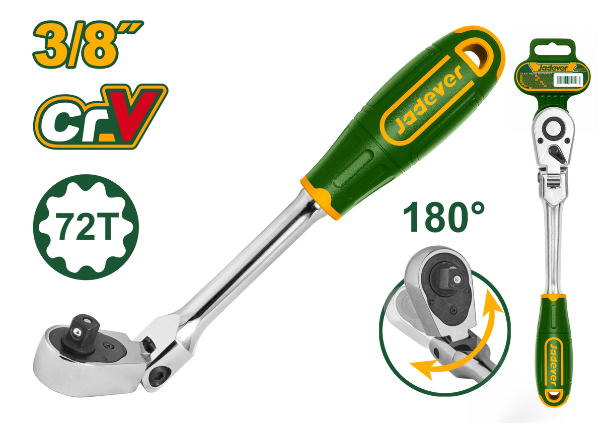 JADEVER 3/8" Drive Flex Head Ratchet – 72T Swivel Head Ratchet with Soft Grip Handle (JDRW4238)