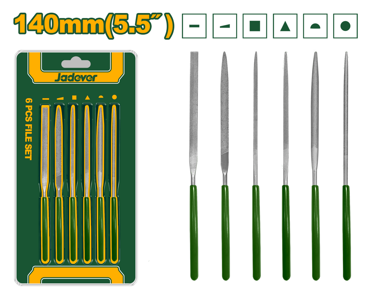 JADEVER 6PCs Mini File Set – 140mm Length, 3mm Shaft, with Plastic-Coated Handles (JDSF1606)