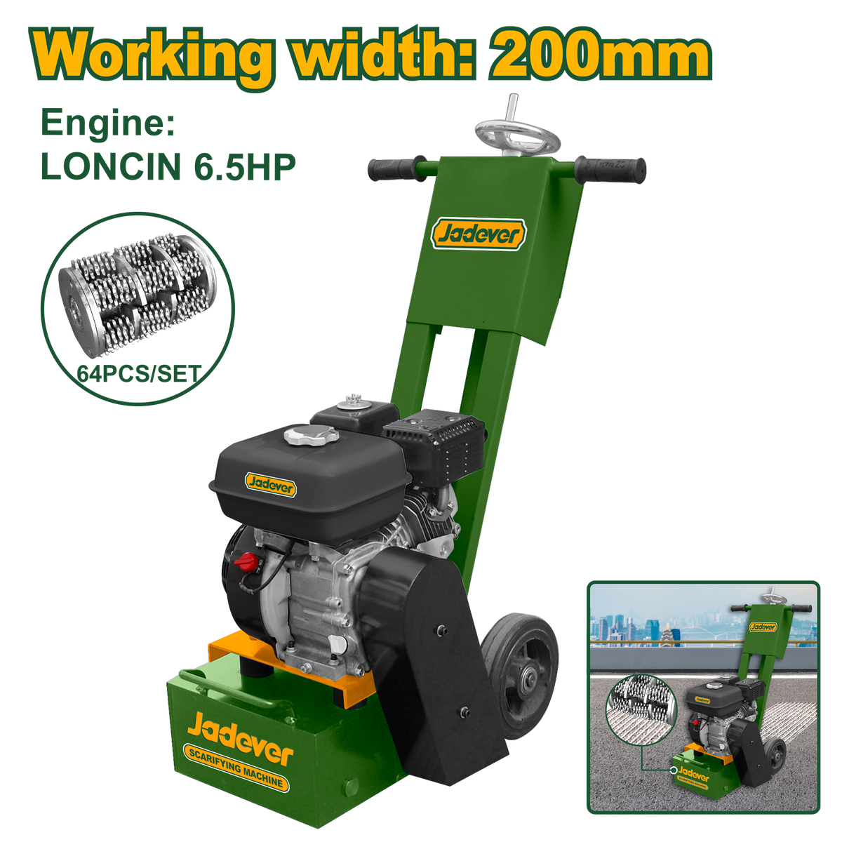 JADEVER Gasoline Scarifying Machine 200mm – Concrete Floor & Road Surface Scarifier, Loncin 6.5HP (JDSFM2A201)