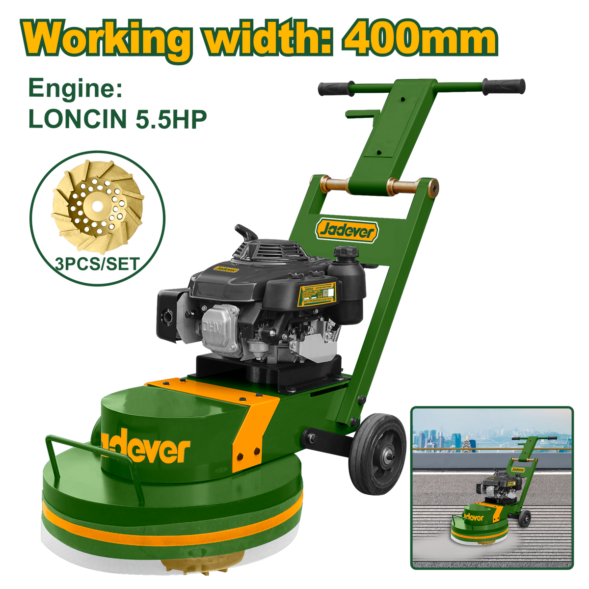 JADEVER Concrete Polisher (Dry) 400mm – Gasoline Floor Polishing Machine 5.5HP (JDSFM2A252)