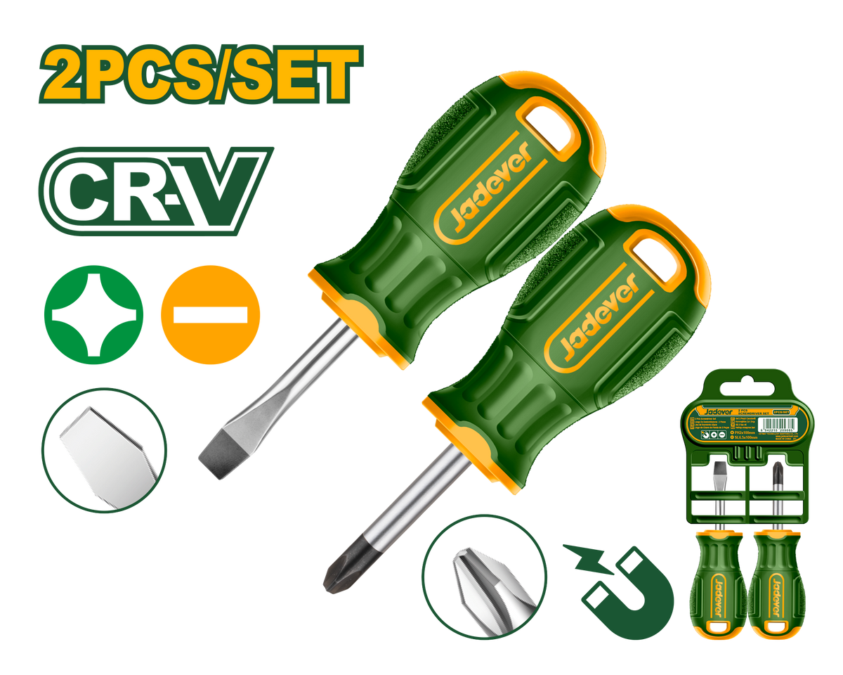 JADEVER 2 Pcs Screwdriver Set – CR-V Short Screwdrivers Set (JDSS1202)