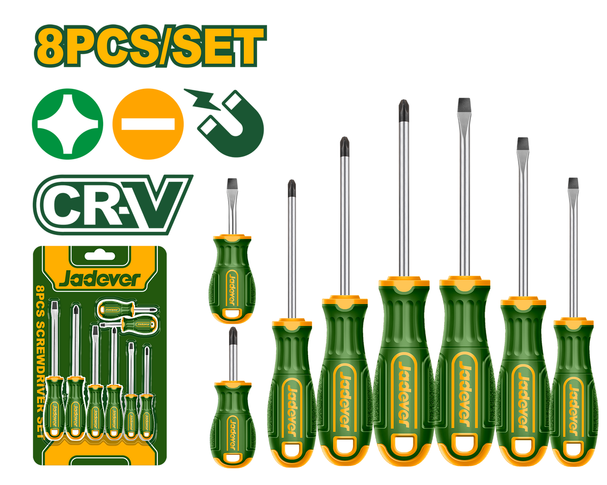 JADEVER 8 Pcs Screwdriver Set – CR-V Round Shank Screwdrivers (JDSS1408)