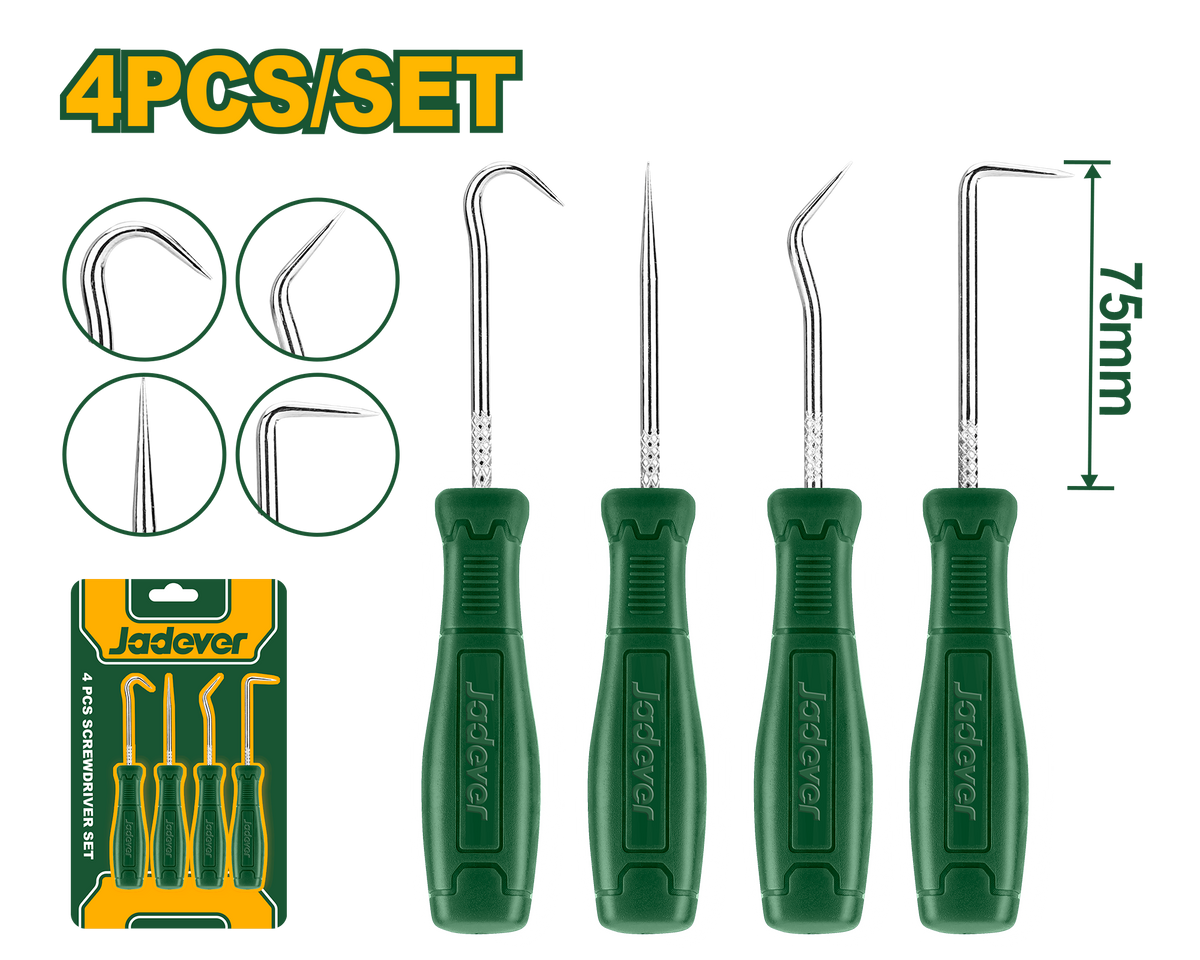 JADEVER 4PCs Pick and Hook Set – Carbon Steel, 75mm, with PP Handles (JDSS2604)