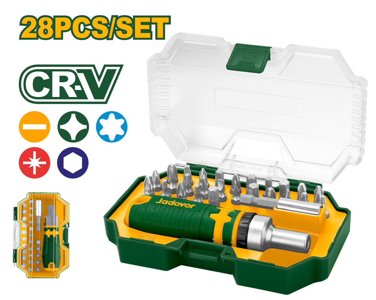 JADEVER 28 Pcs CR-V Screwdriver Bit Set – Ratchet Handle & Bit Holder, Magnetic Box (JDSS8B28)