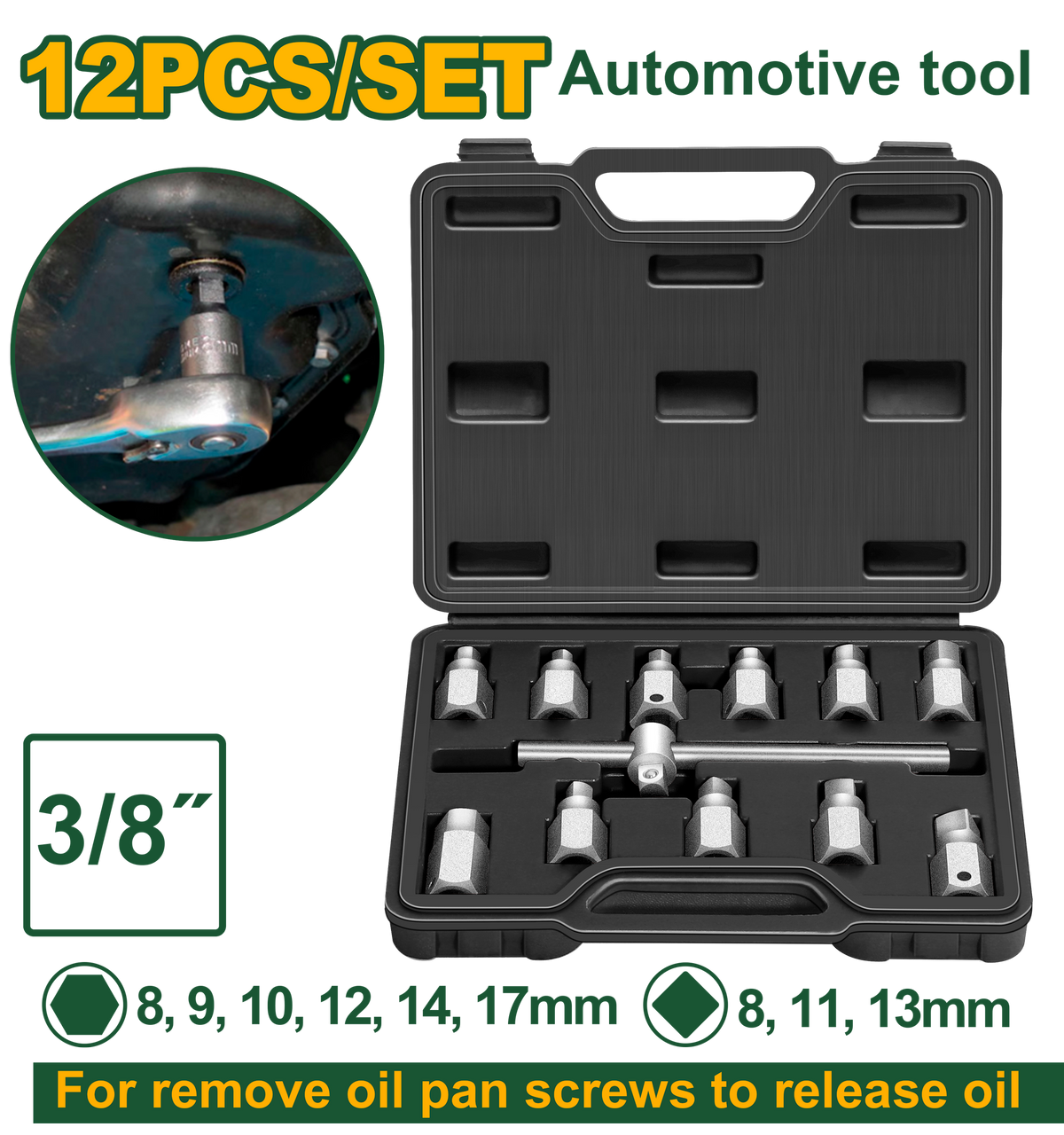 JADEVER Oil Drain Plug Set – Carbon Steel, Sliding T-Bar, Hex & Square Sockets for Oil Pan Screws (JDST4D12)
