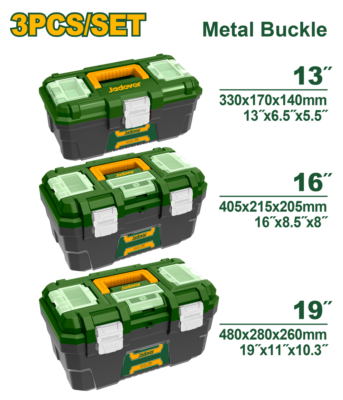 JADEVER 3PCs Plastic Tool Box Set – 13", 16", 19" with Tray & Metal Buckle (JDTB4103)