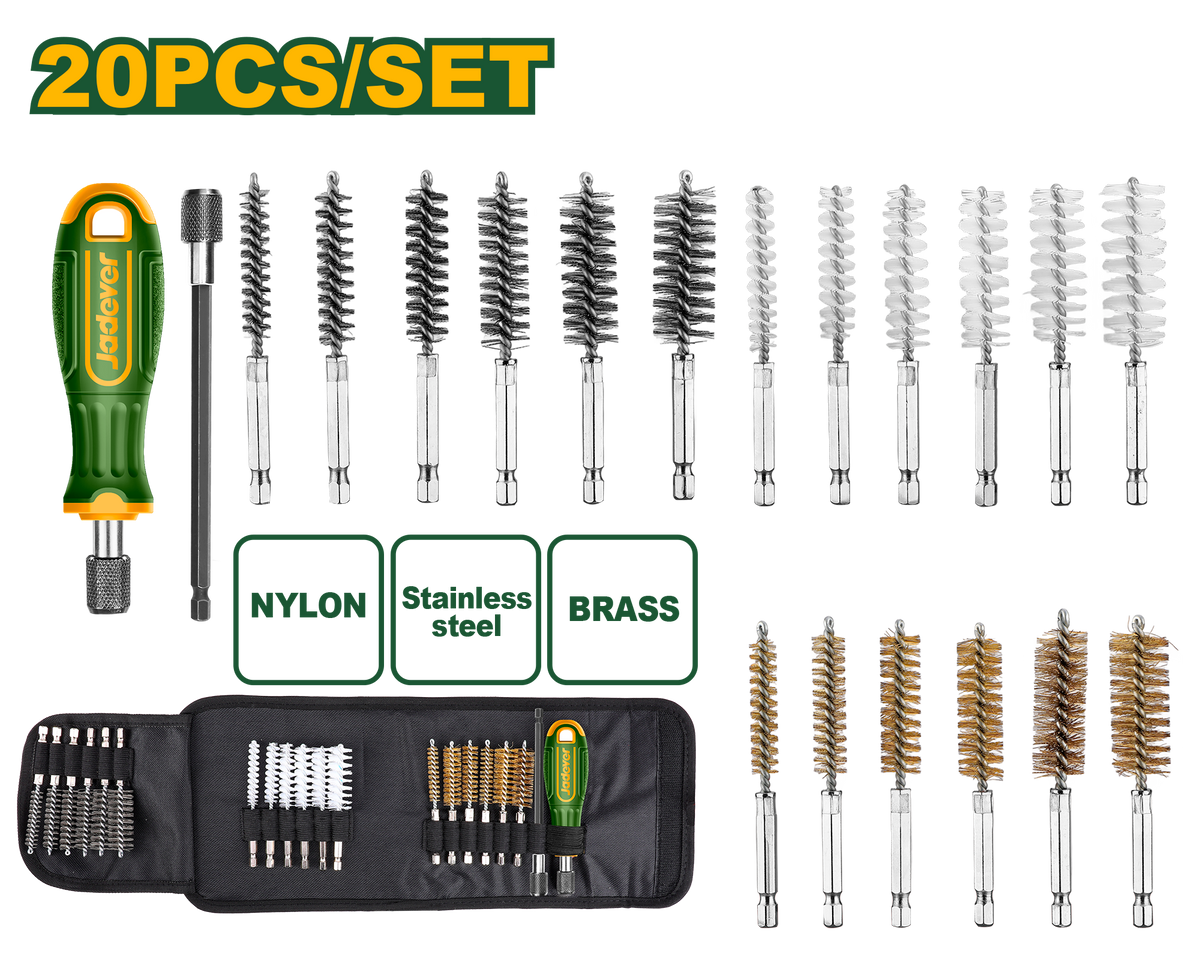 JADEVER 20 Pcs Tube Brush Set – Nylon, Steel & Brass – With Extension Rod (JDTB4520)