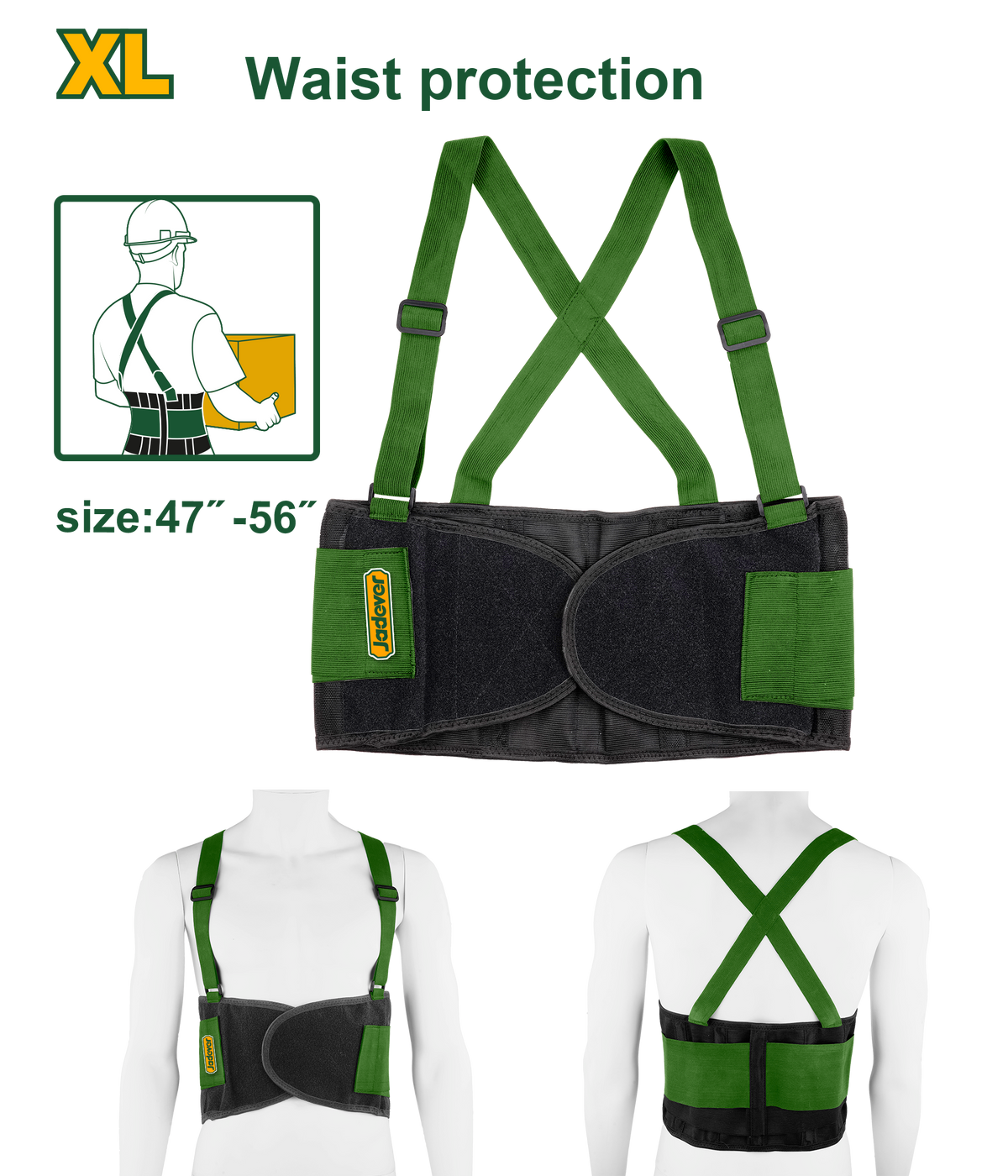JADEVER Back Support Belt – Size XL (47"-56"), Adjustable Suspenders, Lumbar Protection (JDTG901XL)