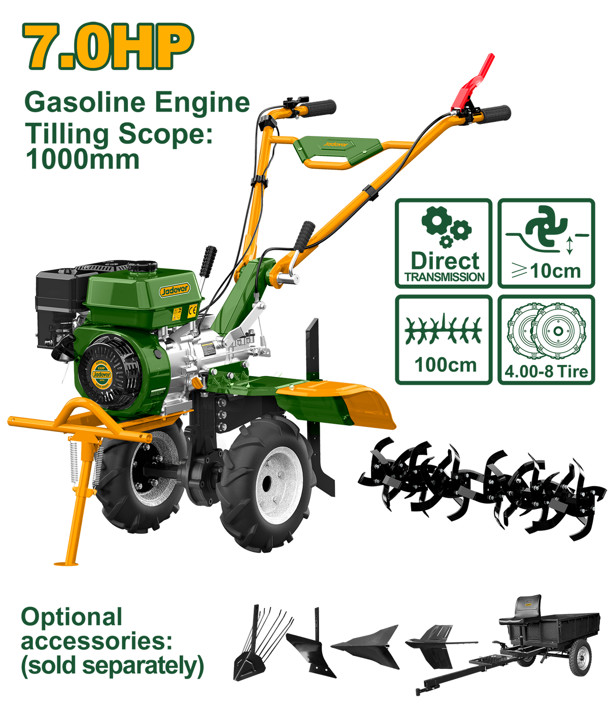 JADEVER 212cc Gasoline Tiller – 7HP Gear-Driven Cultivator with 510–1000mm Tilling Width (JDTL2A1001)