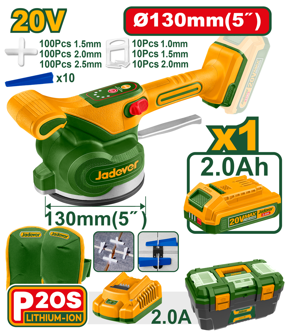 JADEVER Cordless Tile Vibration Machine 20V – 10000rpm – 50kg Suction (JDTVM1D128)