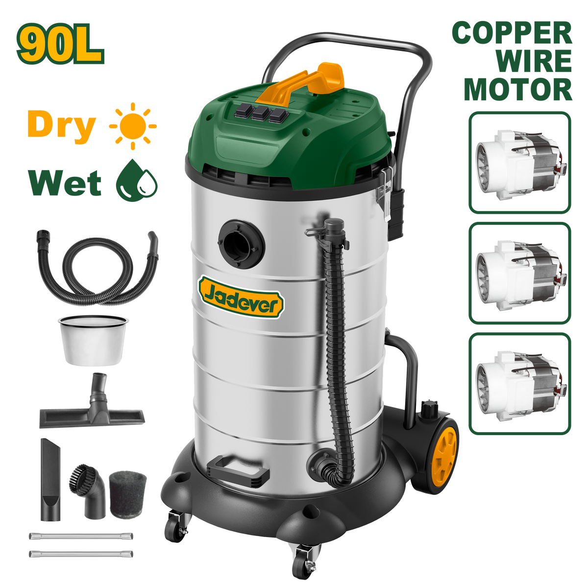 JADEVER Vacuum Cleaner 90L – 3600W, Stainless Steel Tank, Wet & Dry, Triple Motor (JDVR5A90)