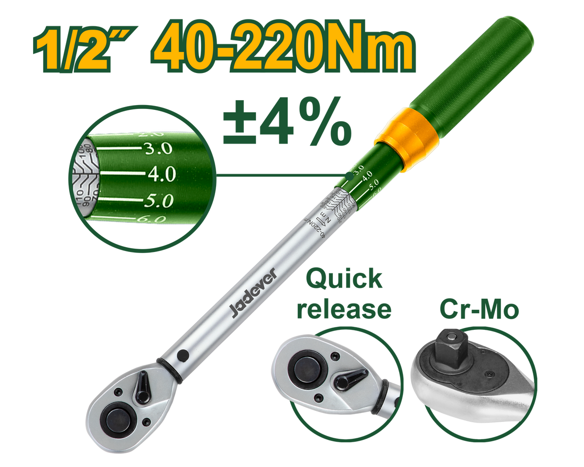 JADEVER Preset Torque Wrench 1/2" – Quick Release Torque Wrench 40-220Nm (JDWQ7D21)