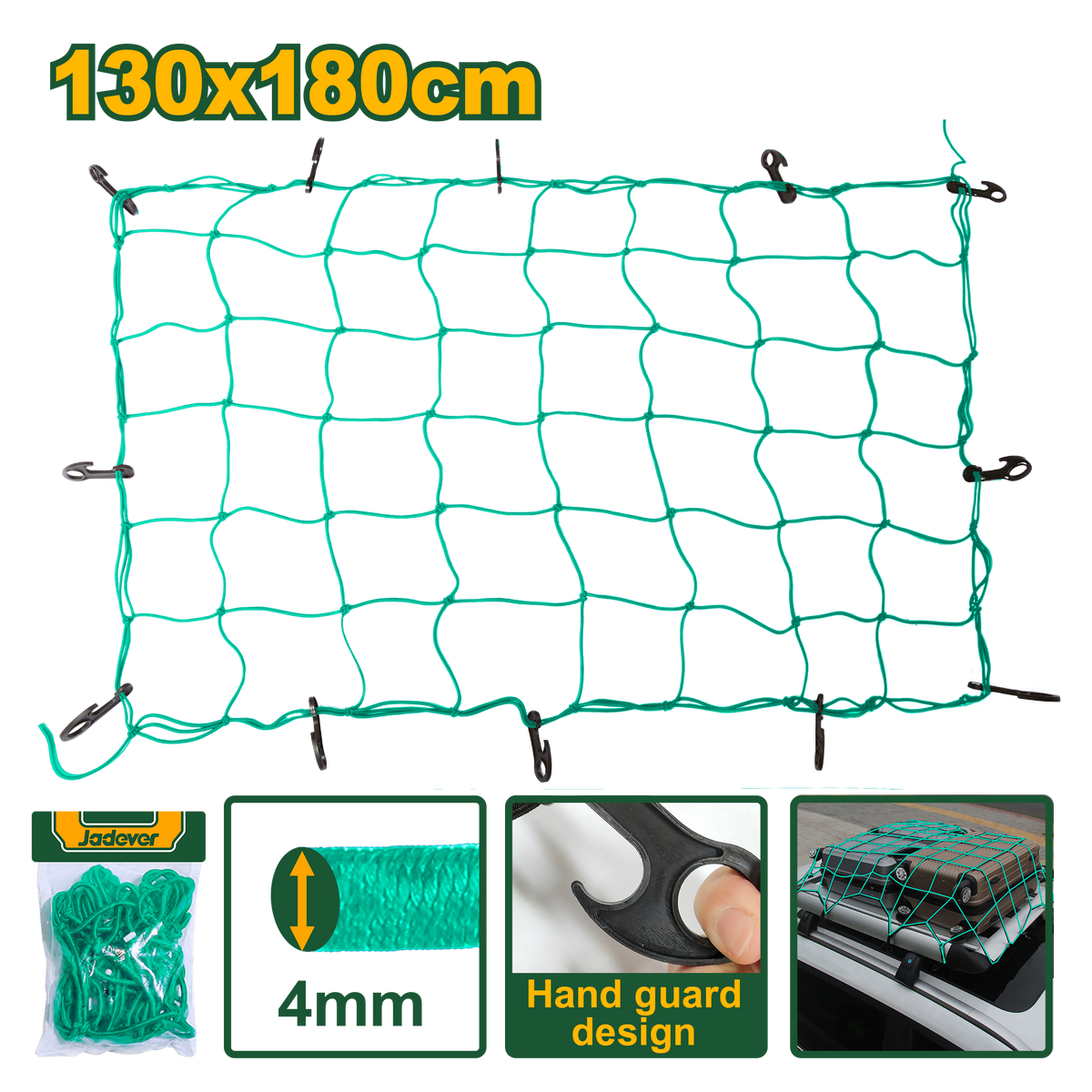 JADEVER Cargo Net – 130×180cm, 4mm Rope, PP & Rubber, Includes 12 Hooks (JDXLW1E13)