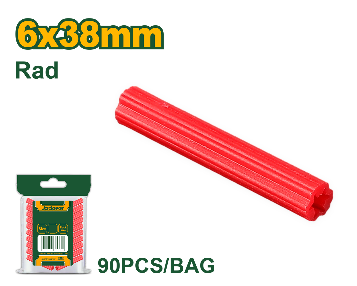 JADEVER Extruded Plastic Wall Anchors – 6×38mm (15/64"×1-1/2"), Red, 90 Pcs PE Anchors (JDXTA922)
