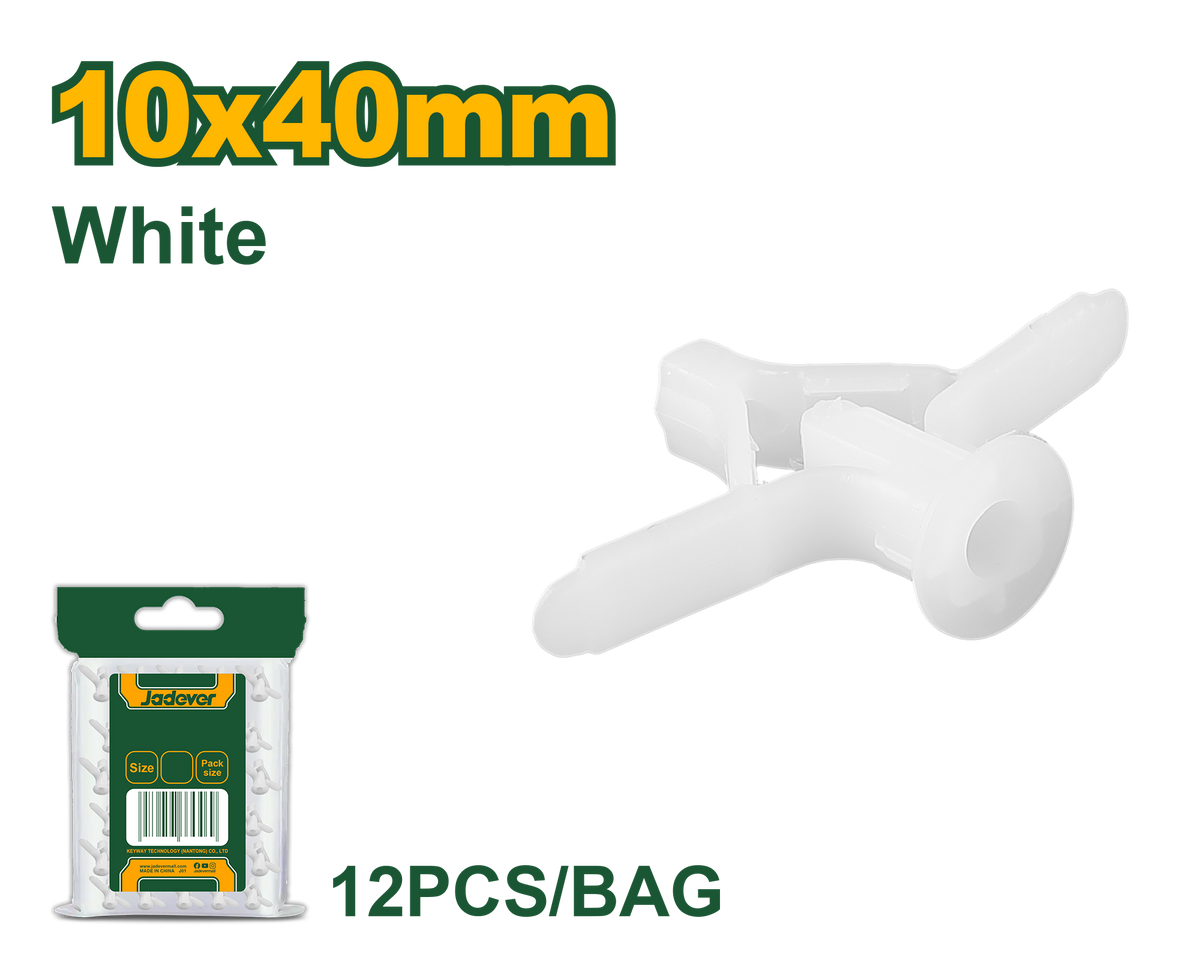 JADEVER Plastic Toggle Anchor – 10×40mm, PE Material, White, Pack of 12 (JDXTH912)