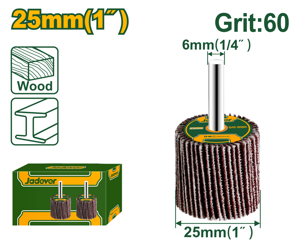 JADEVER Flap Wheel with Shaft 25×25×6mm Grit 60 – Abrasive Mounted Flap Wheel for Metal & Wood (JDYW2502)