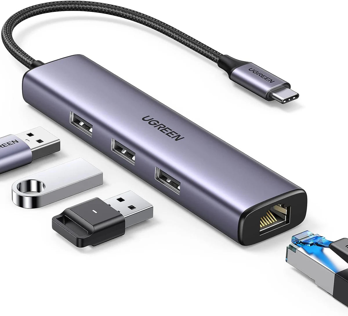 UGREEN USB-C to 3×USB-A 3.0 + 1000M Ethernet RJ45 Adapter