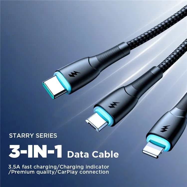 JOYROOM 3 in 1 Fast Charging 3.5A Data Cable 1.2m USB A to IP & Type C & Micro