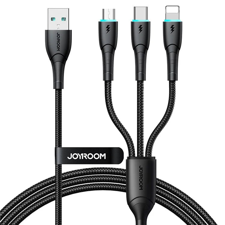 JOYROOM 3 in 1 Fast Charging 3.5A Data Cable 1.2m USB A to IP & Type C & Micro - Black