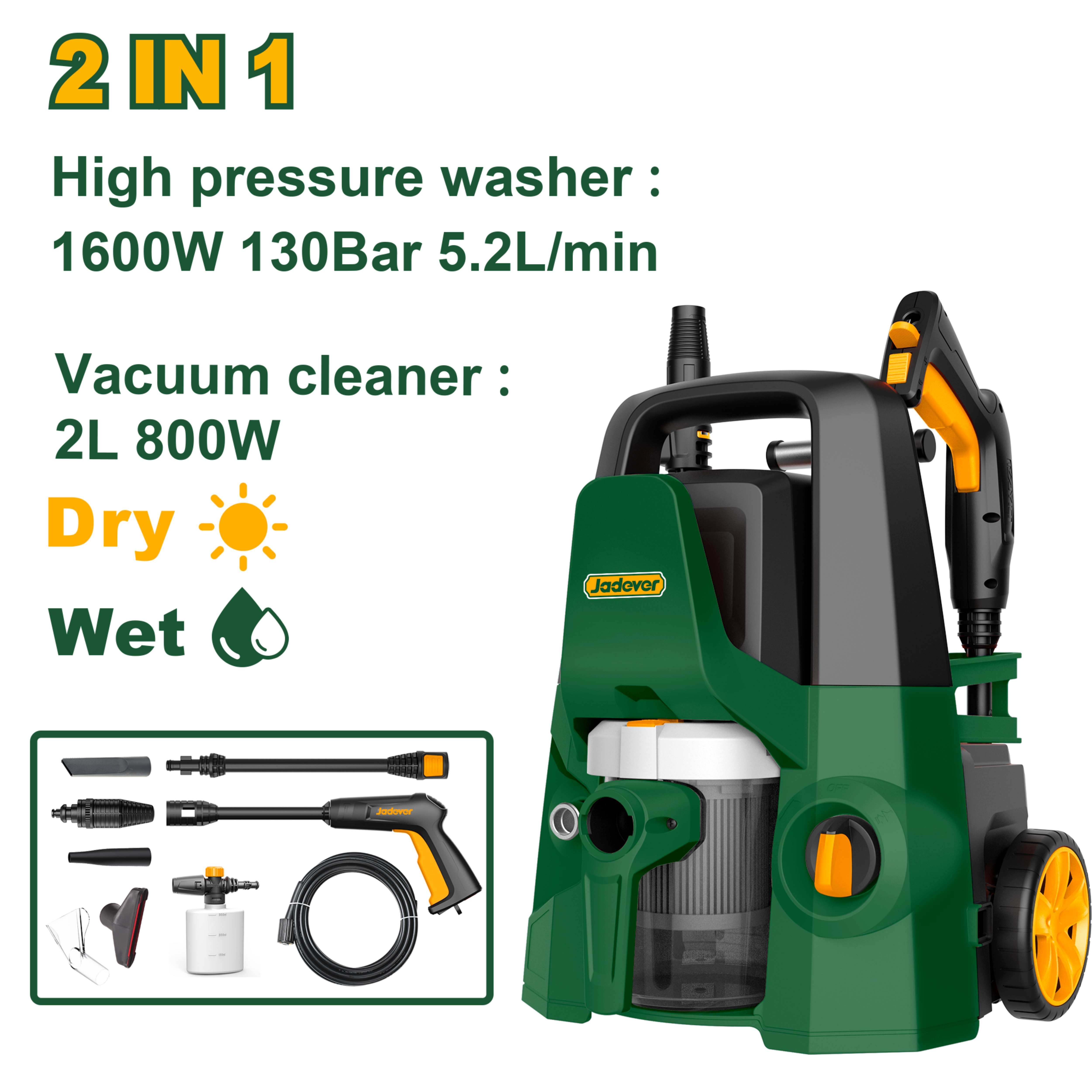 Jadever 130 Bar 1600W Car Washer with Vacuum Suction