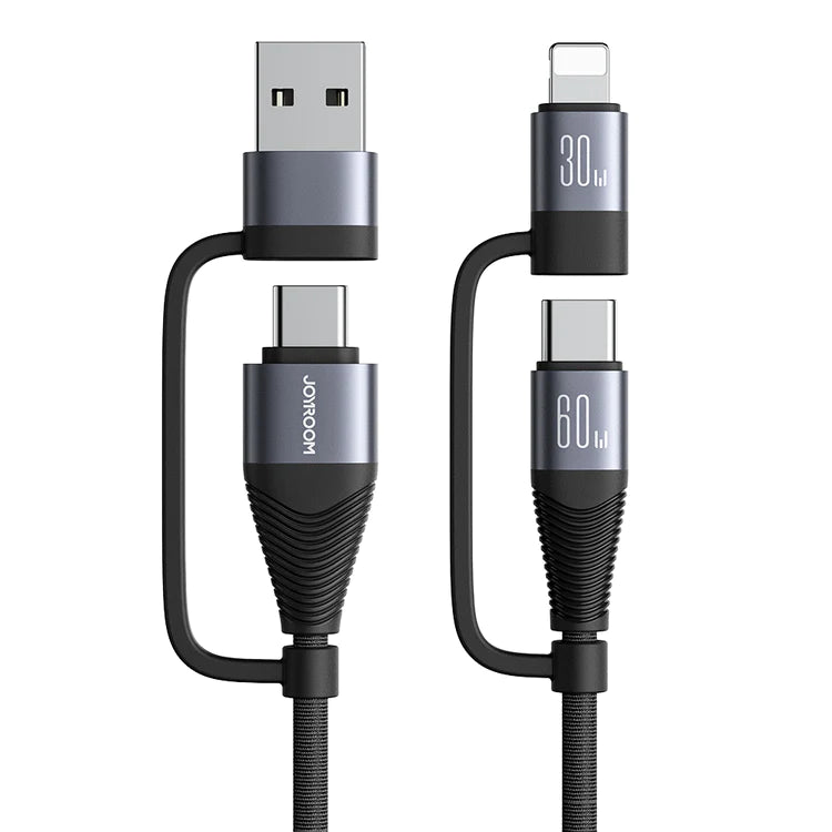 Joyroom 60W 4 in 1 Fast Charging Cable USB A & Type C to Lightning & Type C - Black