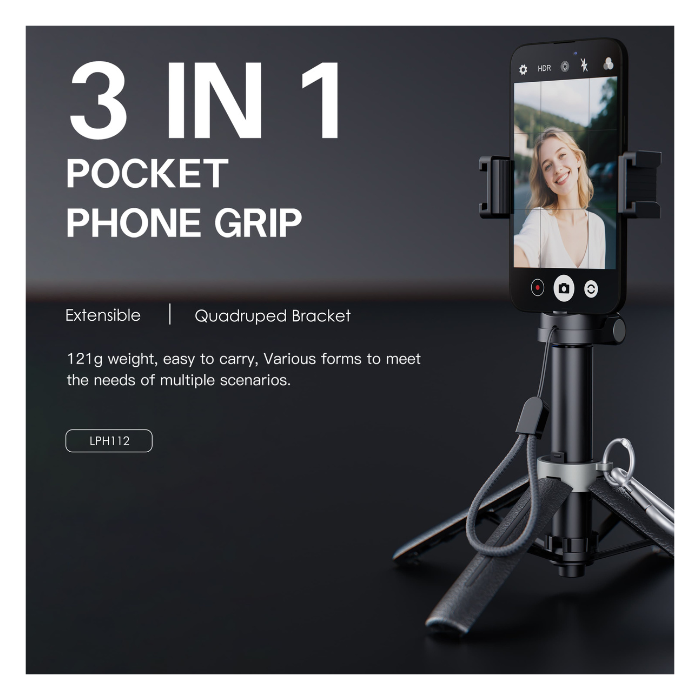 Lenyes LPH112 3-in-1 Phone Holder – Bluetooth Remote, Telescopic Stand & Grip