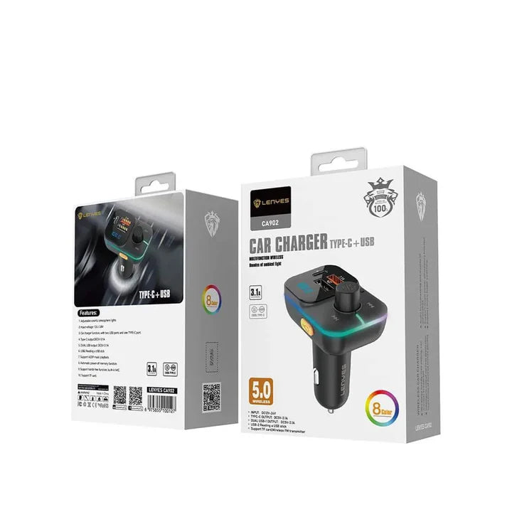 Lenyes CA902 شاحن سيارة سريع 2×USB + Type-C – أسود