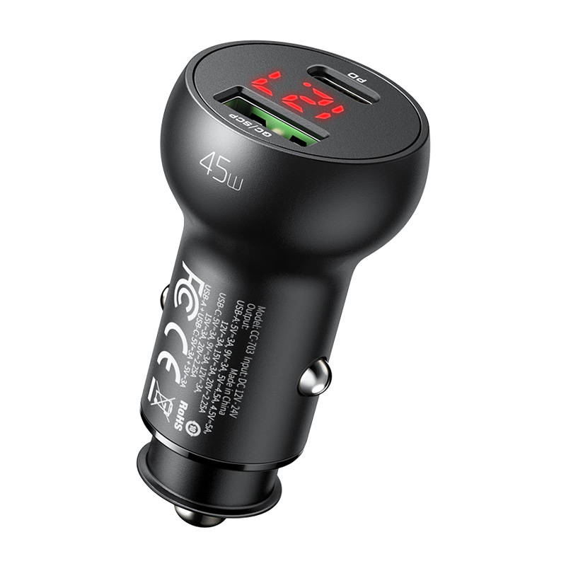 Mcdodo Car Charger USB + USB-C 45W with Display - Black