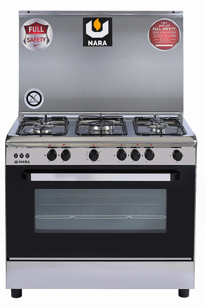 Nara NAXG/9000-BG Gas Cooker, 90 cm, Full Safety, Silver with Black Glass