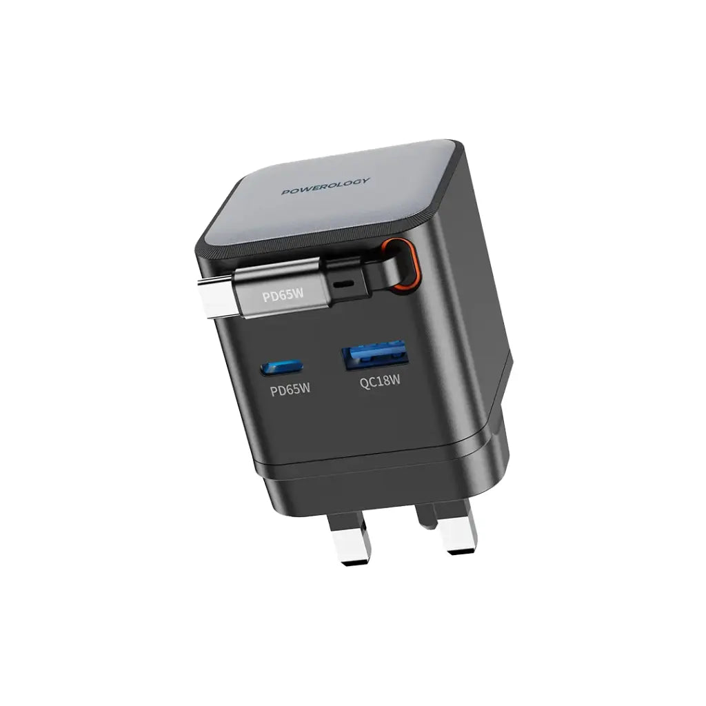 شاحن Powerology GaN بمنفذين وقابس قابل للسحب