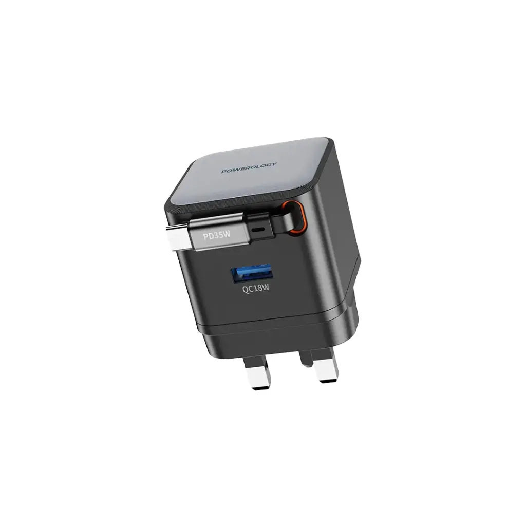 شاحن Powerology GaN منفذ واحد مع قابس قابل للسحب