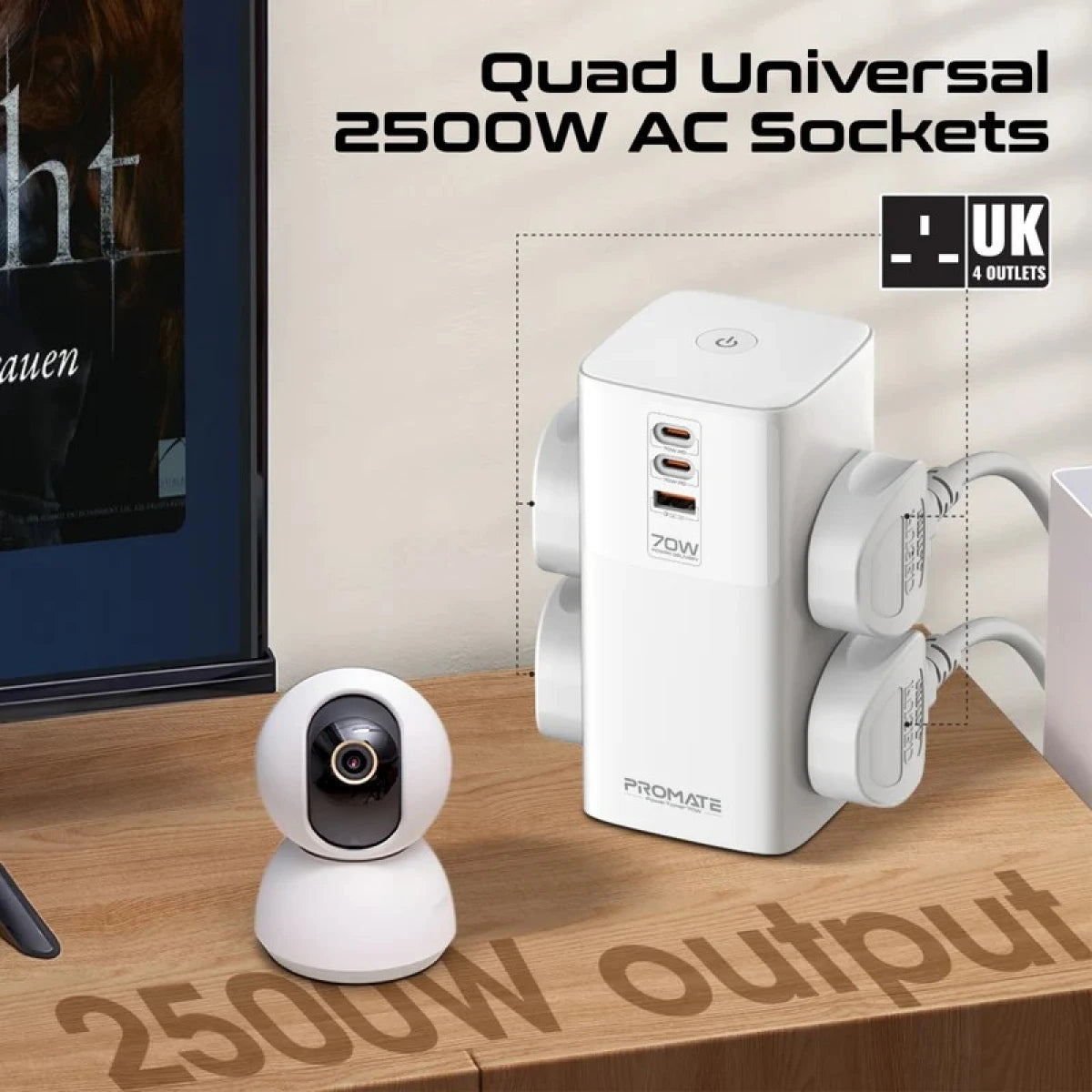 محطة شحن متعددة المنافذ من بروميت باور تاور بقدرة 70 واط مزودة بأربعة منافذ تيار متردد