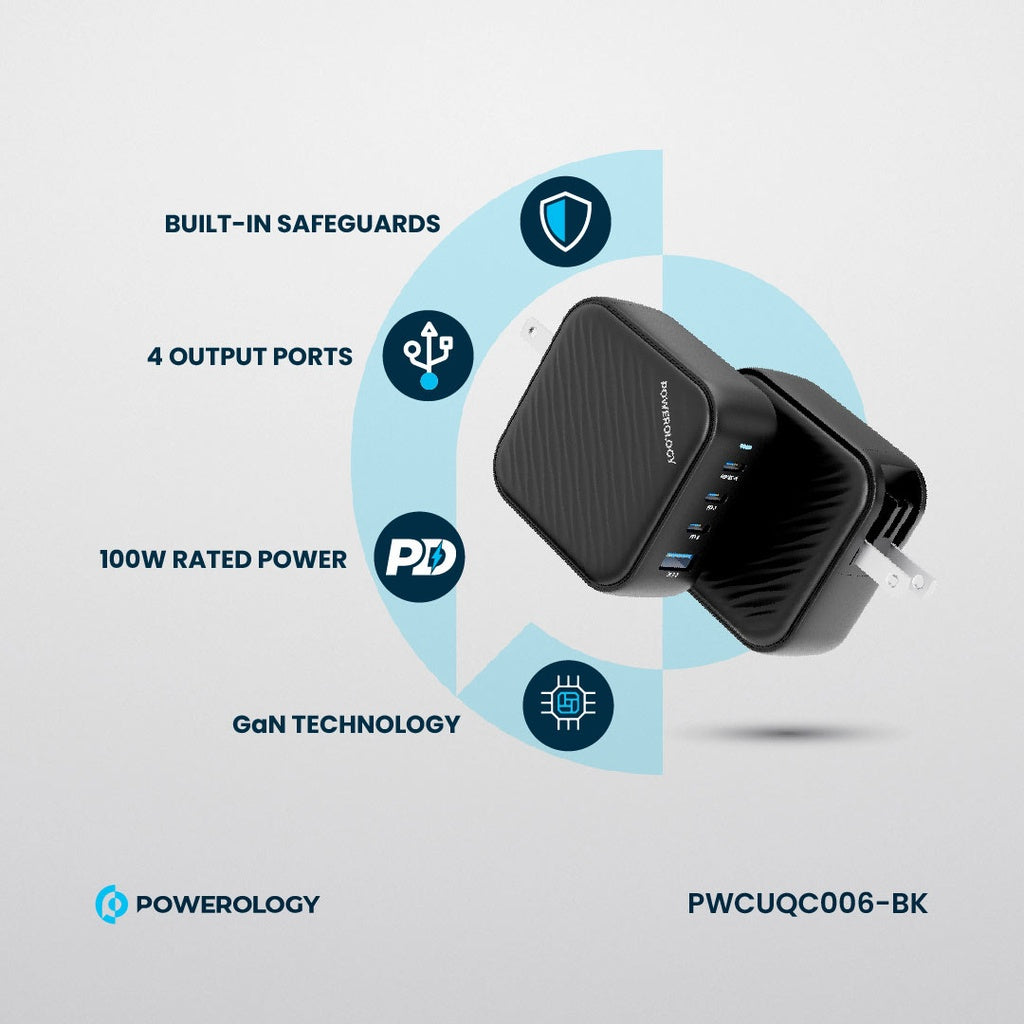 شاحن Powerology عالمي 100W بـ 4 منافذ PD + QC3.0