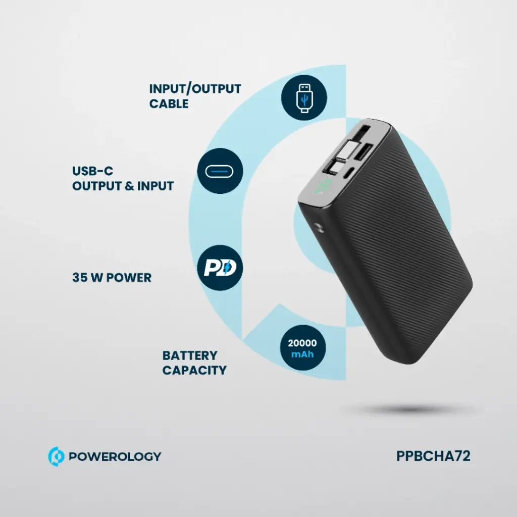 Powerology 20000mAh Retractable Cable Power Bank 35W