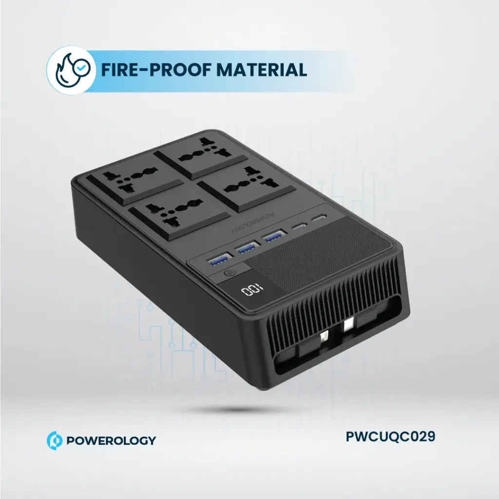 Powerology 2500W Power Strip with 4 AC Ports & Retractable Cables