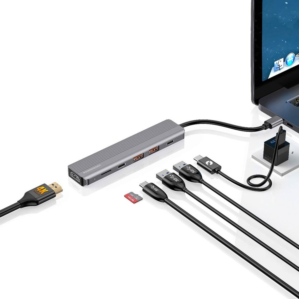 Powerology 6 in 1 Slim 4K HDMI USB-C Hub PD 100W