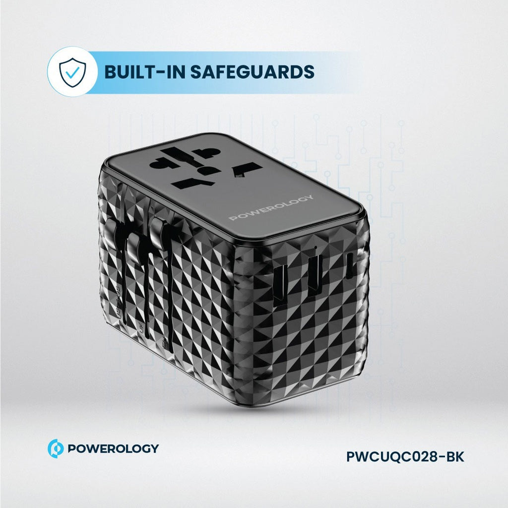 شاحن Powerology GaN عالمي بكابل Type-C قابل للسحب