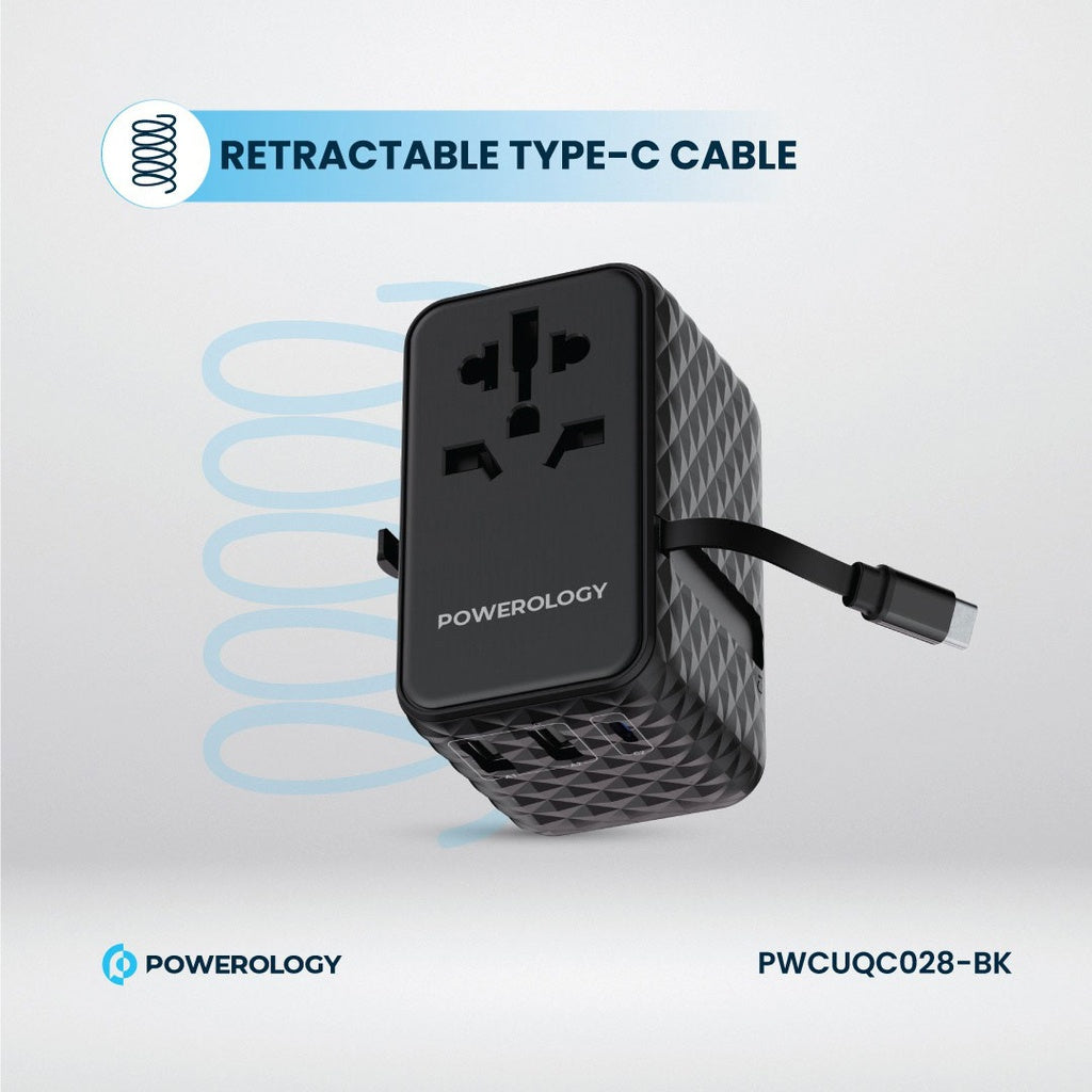 شاحن Powerology GaN عالمي بكابل Type-C قابل للسحب
