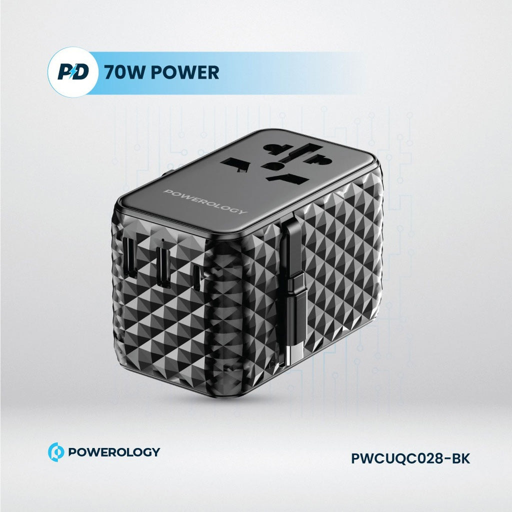 شاحن Powerology GaN عالمي بكابل Type-C قابل للسحب