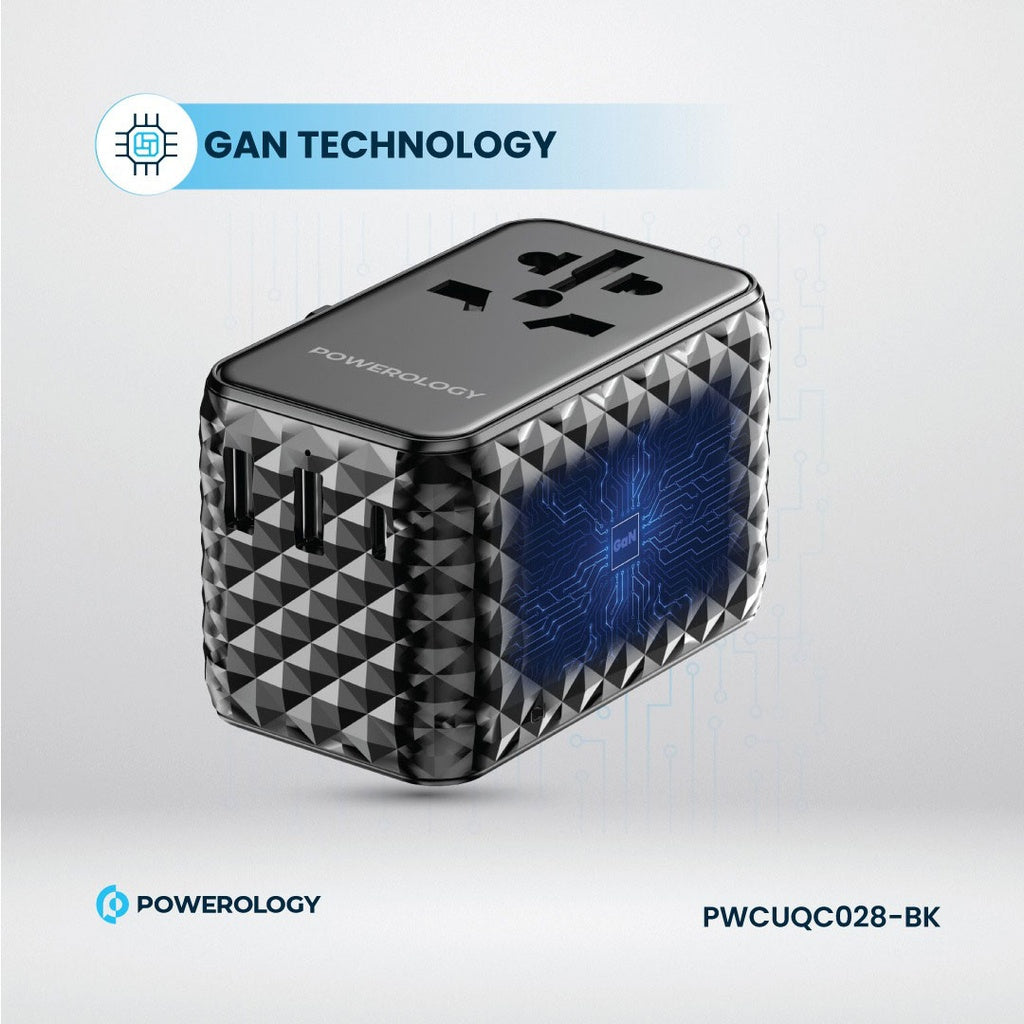 شاحن Powerology GaN عالمي بكابل Type-C قابل للسحب